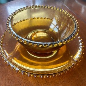 Vintage Amber Glass Bowl / Plate Set Beaded Rim | MCM Retro Glass